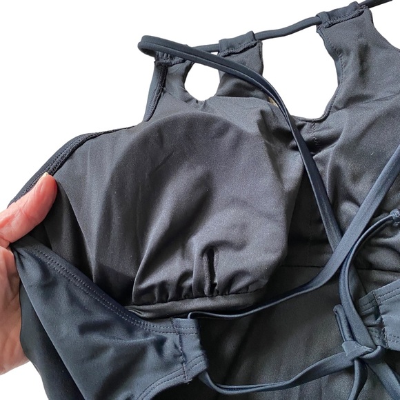 Cupshe large black high neck tummy control swimsuit bathing suit lace up back - Picture 7 of 16